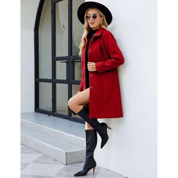 💫 Women Red Elegant Overcoat Single Breasted Winter Dress Pockets Pea Coat - Picture 6 of 8